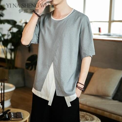 Summer Chinese Style Traditional Hanfu Japaness Tee Top Tang Suit Men Outdoor Sports T-shirt Loose Blouse Kung Fu Kimono Costume