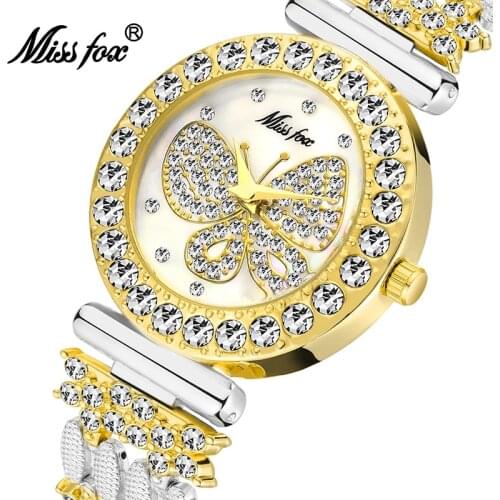 MISSFOX Butterfly Women Watches Luxury Brand Big Diamond 18K Gold Watch Waterproof Special Bracelet Expensive Ladies Wrist Watch