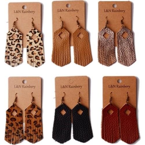 Fashion Hand-made Leather Earring Leopard-Print Fringed Earrings for Women Simple Cute Geometric Hollow Tassel Earrings Jewelry