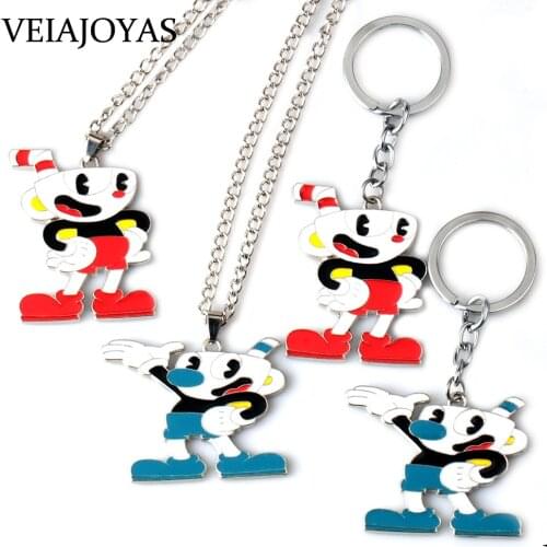 Stainless Steel Pendant Necklaces Game Cuphead Choker Necklace Mug Figure Charms Keychain Red Blue Cartoon Keyrings Girls Gifts