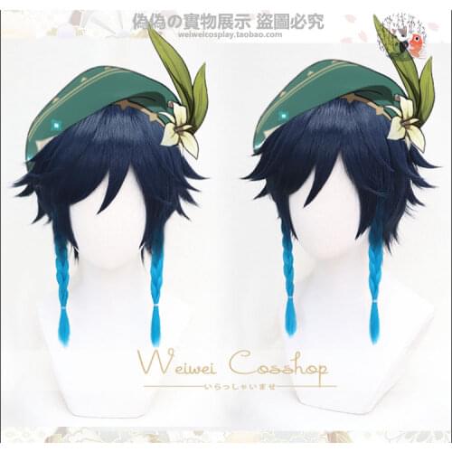 Game Genshin Impact Venti Cosplay Wigs Gradient Blue Short Cosplay Wig Braided Wigs Heat Resistant Synthetic Hair + Wig Cap