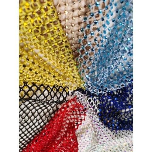 Meter Crystal Rhinestone Fabric Nude Mesh Net White AB Stretch lattice Hollow Tulle Tissue Masquerade Diamond Strass Glass