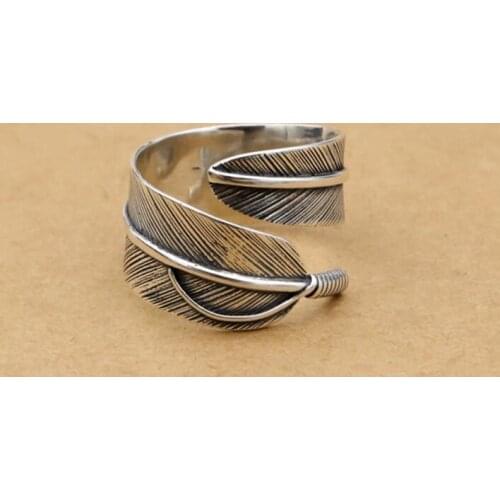 925 Sterling Retro Feather Adjustable Ring Men Women A3401