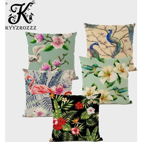 Tropical Plant Flower Print Cushion Cover Peacock Kingfisher Animal Pattern Pillow Sofa Home Decoration Pillowcase Cojines45CM