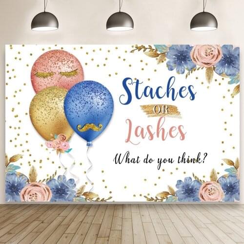 Balloon Sparkling Flowers Staches or Lashes Gender Reveal Party Photography Background Newborn Baby Backdrop Banner Poster Decor