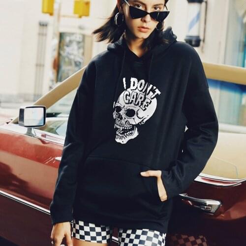 Skull letter printed oversized fleece hoodie spring fall winter 2021 long sleeve tops women full sleeves hooded sweatshirt C191
