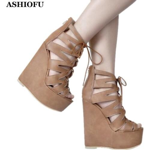 ASHIOFU Elegant Handmade Womens Wadge Heel Sandals Cross-straps Sexy Club Party Dress Shoes Real Photos Evening Fashion Sandals