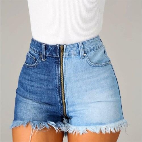 Color Block Tassel Denim Shorts Women Cotton High Waist 2021 Summer Streetwear Pockets Zip Up Patchwork Blue Sexy Jean Shorts