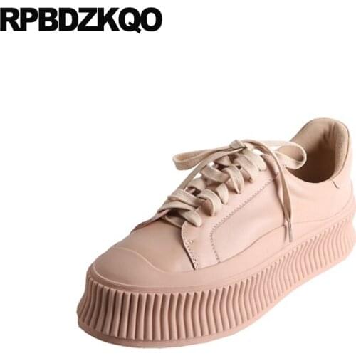 Lace Up White Creepers Platform Shoes Leisure Muffin Flats Women Elevator Walking Chinese Genuine Leather Sneakers Trainers Pink