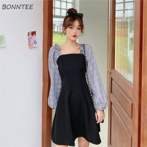 Dresses Women Patchwork Vestidos Feminine Korean Style Spring All-match Long Sleeve Preppy Sweetie Fashion Comfortable Ins New