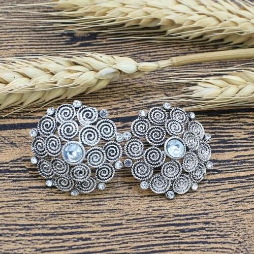 Afghan Oxidized Silver Color Stud Earrings for Women Boho Rhinestone Round Geometric Jhumka Earring Flower kolczyki Gypsy Tribal