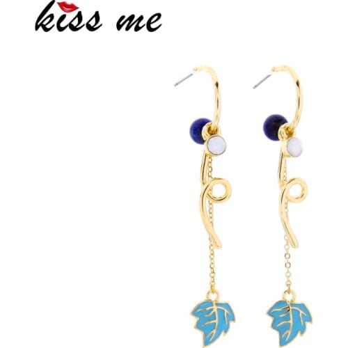 Kissme Unique Blue Enamel Leaves Natural Stone Dangle Earrings For Women Anniversary Gifts Gold Color Fashion Jewelry Wholesale