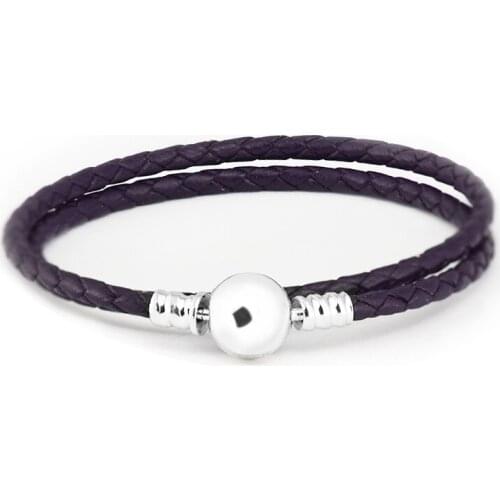 925 Sterling-Silver-Jewelry Bracelets for Women DIY Beads Jewelry Making Dark Purple Braided Leather Charm Bracelet