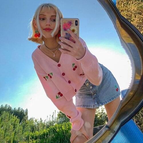 Lovely Cherry Pink Knitted Short Coat Women Sweet Long Sleeve V-neck Sweater Cardigan Coat Single Breasted Crop Knitwear Tops