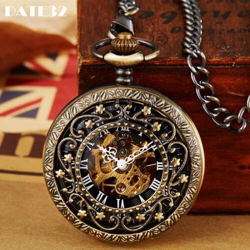 Antique Bronze Mechanical Pocket Watch Skeleton Steampunk Hollow Case Dial Fob Chain Clock for Men Women Collection Dropshipping