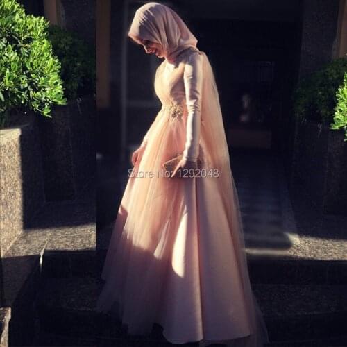 YNQNFS ED16 A Line Tulle Satin Pink Hijab Scarf Long Sleeves Muslim Bridesmaid Dresses Robe de Soiree Abiye gece Elbisesi 2018