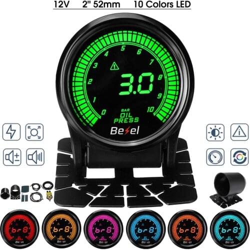 2" 52mm 12V Car Oil Temp Pressure Gauge bar Oil Pressure Meter 10 Colors Digital LED Readout Display With Sensor 0-10BAR