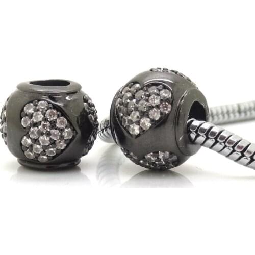 Free Shipping Authentic Black Plated Love Heart Micro Pave Zircon Metal Beads Charm Fits Pandora Charms Bracelet Findings