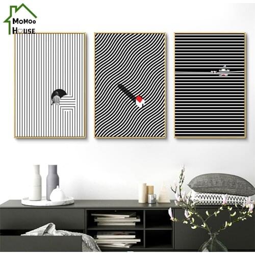 Black and White Lines Litter Boy Vogue Lady Small House Canvas Pinting Living Room Decoration Wall Art Decorative Poster