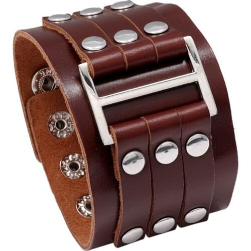 Jessingshow Punk Black Brown Wide Leather Bracelets Adjustable Button Cuff Bangles for Men Friendship Bracelet Fashion Jewelry