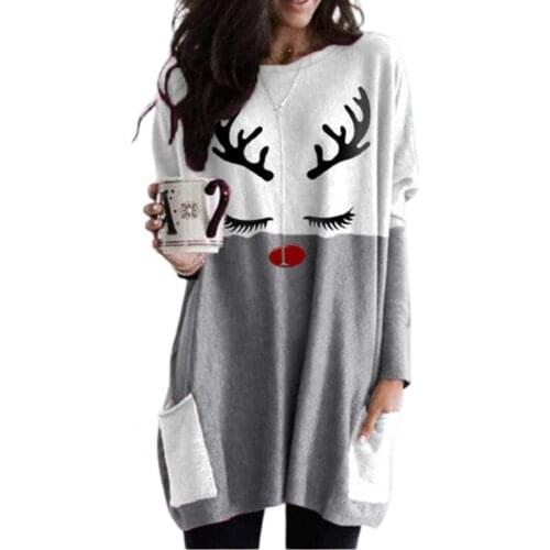 Women Christmas Halloween Cute Printed Tunic Tops Long Sleeve T-Shirts Dress Oversized Sweatshirt Pullover Jumper with Pockets