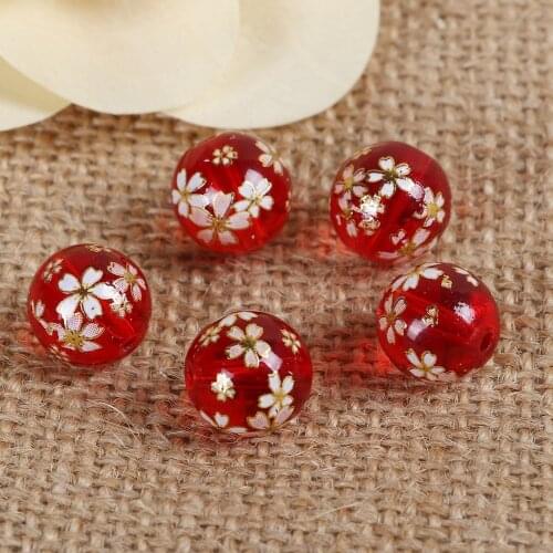 DoreenBeads Glass Painting Vintage Japanese Tensha Beads Round Sakura Flower Pattern Transparent About 12mm( 4/8") Dia, 5 PCs