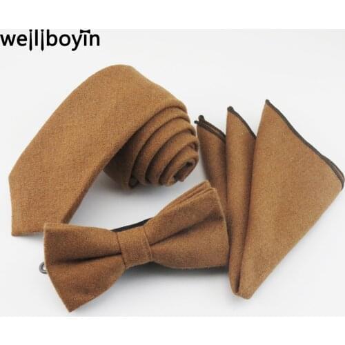 100% Wool Neck Tie Set Mens Ties Bowtie Pocket Square Brown Handkerchief Narrow Ties For Men Suit Gravata cravate pour homme