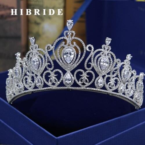 HIBRIDE Women Brial Big Crown Clear Cubic Zircoia White Gold Color Tiaras Hair Accessories Statement Jewelry C-10