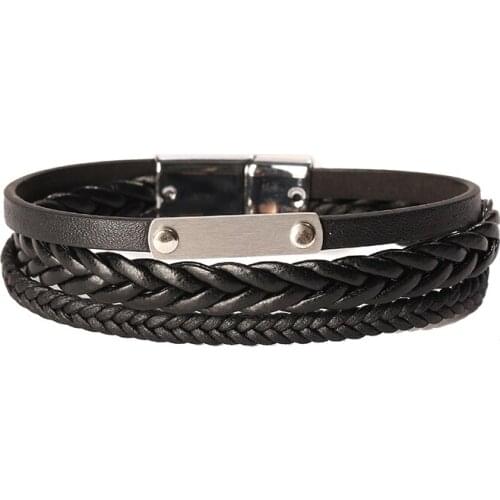 JUNWEI 2020 New Fashion Mens Woven Multi-Layer Magnetic Buckle Stainless Steel Leather Bracelet Punk Jewelry