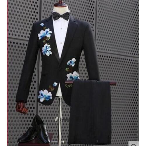 Fashion Black Suits For Men Good Quality Flower Blazer Pants Clothing Set Male Singer Stage Costume Evening Dress