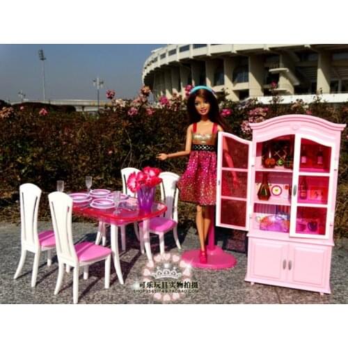 For barbie furniture kitchen Kitchen Furniture Accessories Dining Table + Wine Cabinet Set Girls Play Toys