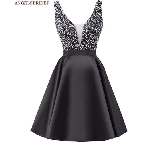 Fashion V-Neck Short Homecoing Dress Party Gowns Sexy Backless Beading Satin Vestidos de festa Graduation Formal Gowns