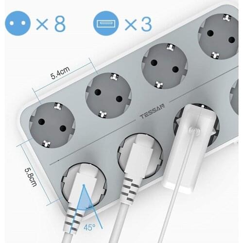 TESSAN Mountable Power Strip EU Plug 8 Outlets Socket with 3 USB Ports 5V/3A On/Off Swtich and 2M Extension Cord 110~230V 3600W