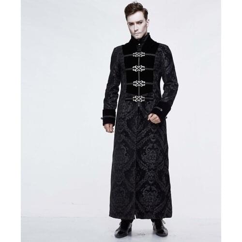 Gothic Punk Winter Jacket Men Black Long Coat Metal Buckles Vintage V Neck Jacquard Weave Vintage