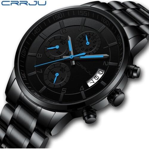 Mens Watch CRRJU Men Chronograph Luxury Waterproof Watches Fashion Blue Business Stainless Steel Watch For Men relogio masculino