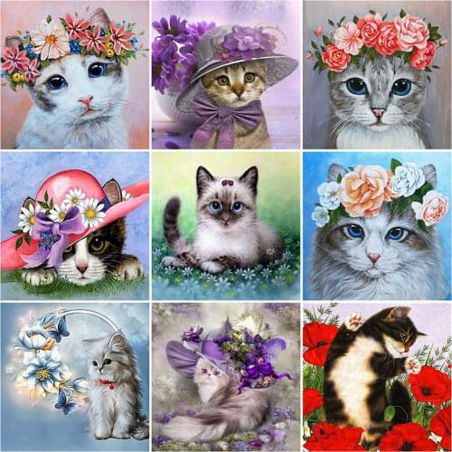 MomoArt DIY Diamond Painting Cat Full Drill Square Diamond Embroidery Animal Needlework Beaded Mosaic Flower Decor For Home