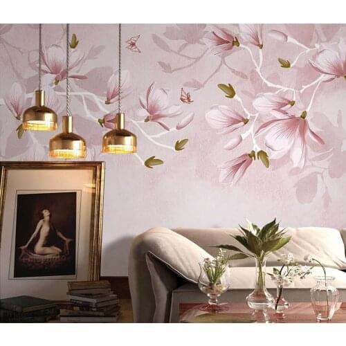 Custom Hand painted pink magnolia flowers mural wallpaper wall papers home decor photo wall covering TV background wall painting