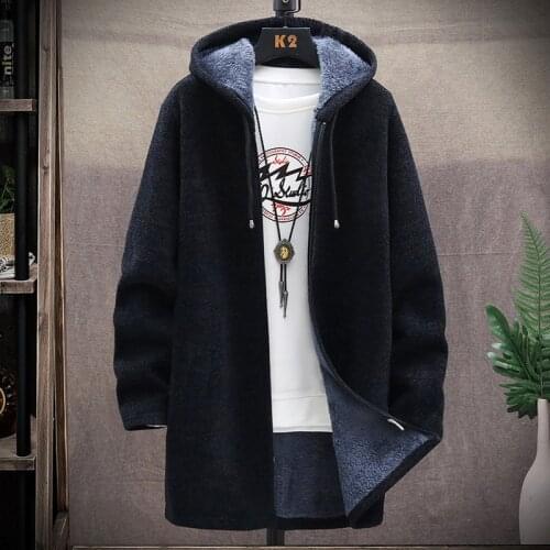 New Mens Hooded Solid Trench Coat Zipper Jacket Cardigan Long Sleeve Outwear Male Autumn Winter Slim Fit Long Coat Top