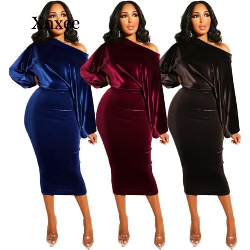 Aummer Autumn Dress Long Vintage Elegant Women Dresses Long Sleeve Sexy One Shoulder Velvet Bodycon Ladies Party Dress