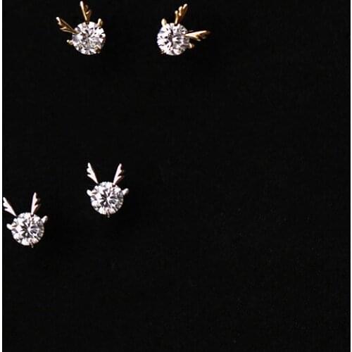 Cute Female Crystal Small Deer Earrings Real 925 Sterling Silver Gold Stud Earrings For Women Minimalist Wedding Earrings