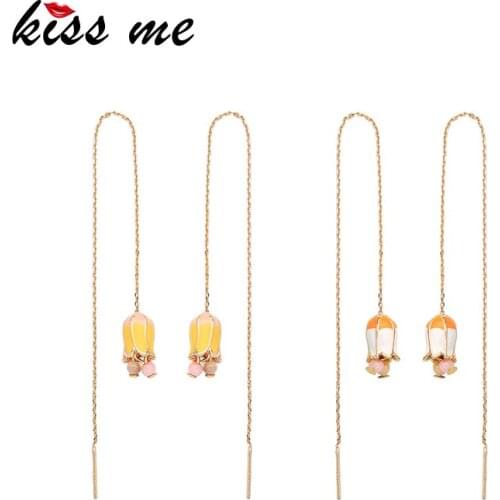 KISS ME Long Chain Light Color Enamel Acrylic Flower Drop Earrings For Women Gold Color Dangle Earring Fashion Jewelry Accessory