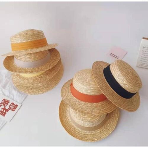 New Spring Summer Kids Boy Girl Straw Plaited Hat Beach Holiday Lace Up Children Baby Flat Top Outdoor Sun Block Hat Cap
