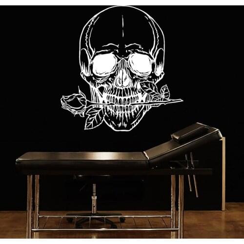 Tattoo Studio Wall Stickers Skull Bones with Flower Rose Death Skeleton Decals Creative Design Pattern Tattoo Shop Mural 4868