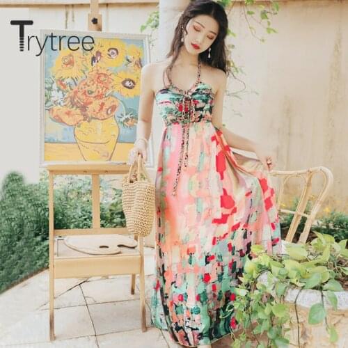 Trytree 2020 Summer Woman Dress Casual Halter Fashion Vintage Bandage Print Sexy Elegant A-line High Waist Vacation beach Dress
