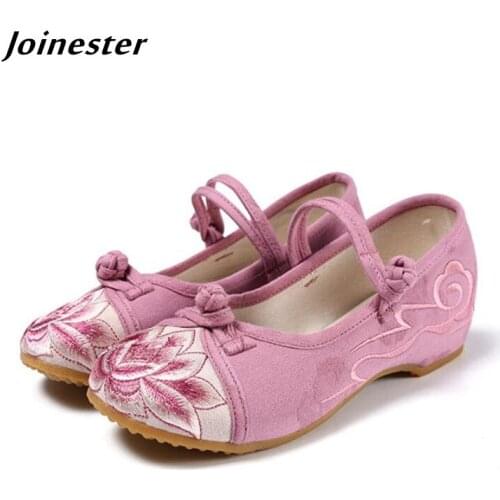 Womens Comfortable Cotton Fabric Low Heel Casual Wedges Shoe Button Ankle Strap Floral Embroidery Round Toe Party Dress Pumps