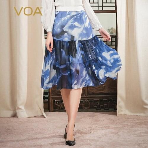 VOA Silk 12mm Printed Georgette Side Zipper Natural Waist Mix Material Stitching Pleat Design over-the-Knee Skirt C502