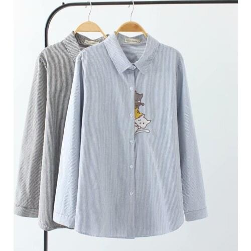 Oversized Plus Size Long Sleeve Cotton Linen Blouse Women 2018 Striped Cat Embroidered Shirt Spring Autumn Ladies Tops