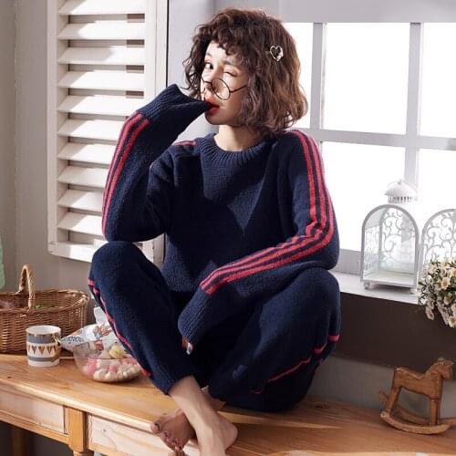 Womens Pajamas Autumn/winter Chenille Fashion Round colla Simple Casual Sports Wide-leg Pants Sleepwear Home Wear Warm Pajamas