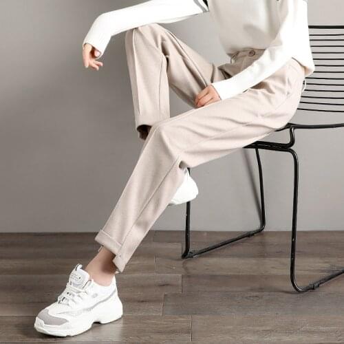 Bella philosophy 2019 winter women solid woolen loose pants lady Harlan straight casual pants female High Waist Slim Trousers