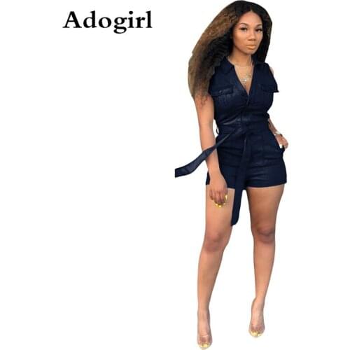 Tooling Style Sexy Denim Playsuit Womens V-neck Sleeveless Straight Sashes Turn Down Collar Button Up Casual Jumpsuit